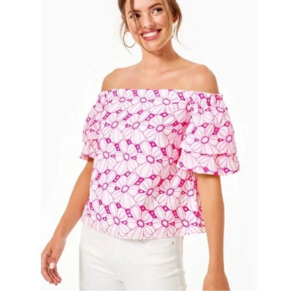 Lily Pulitzer Lesley off shoulder pink and white fully lined eyelet top. - Picture 4 of 8